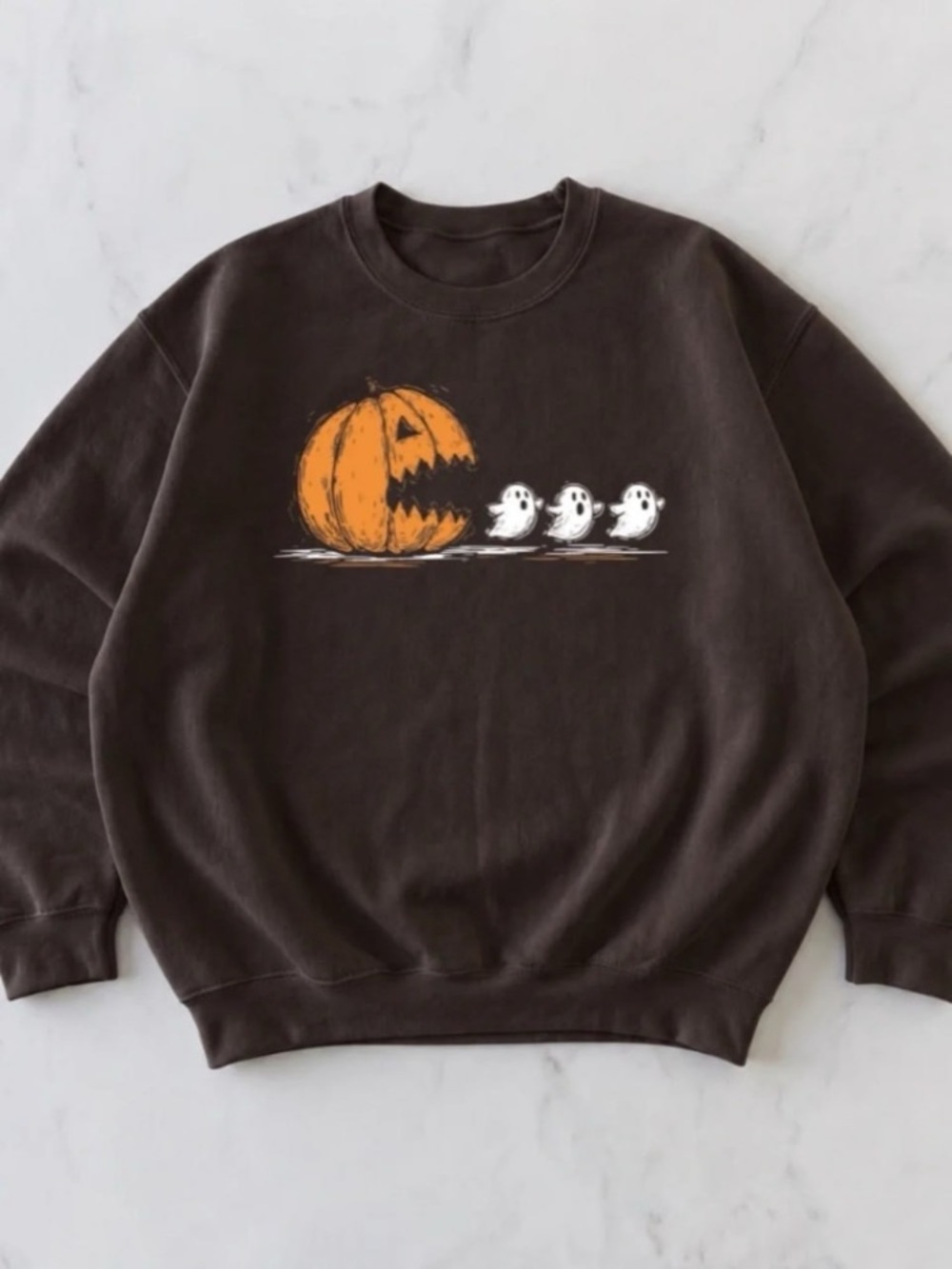 Dark Chocolate Crewneck Sweatshirt with Orange Pumpkin & White Ghosts